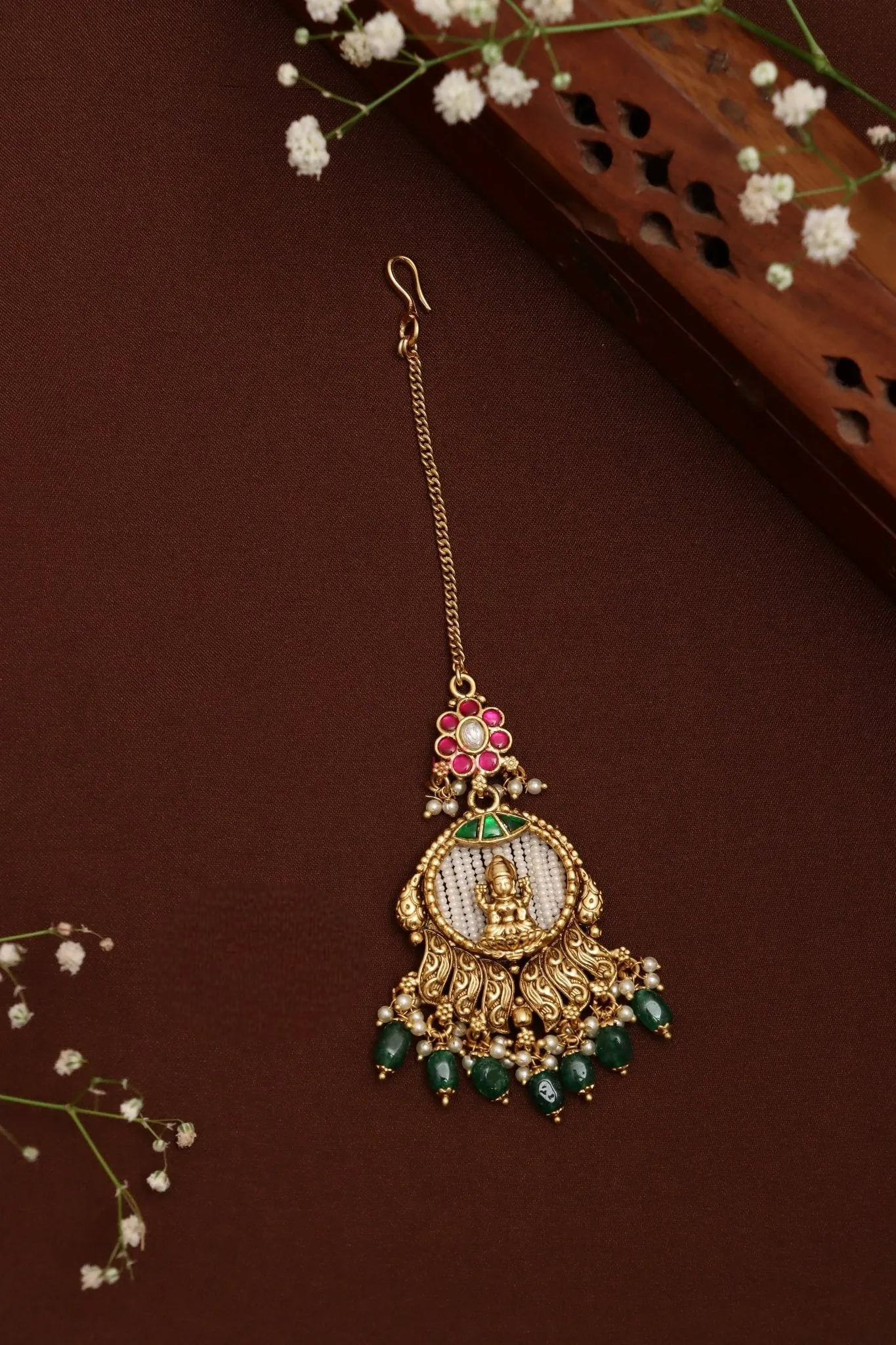 Lakshmi Maang Tikka - Green Beads